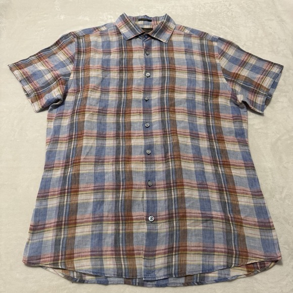 Rodd & Gunn Other - Rodd & Gunn Linen Shirt Men Large Plaid Blue Pink Short Sleeve Button Up